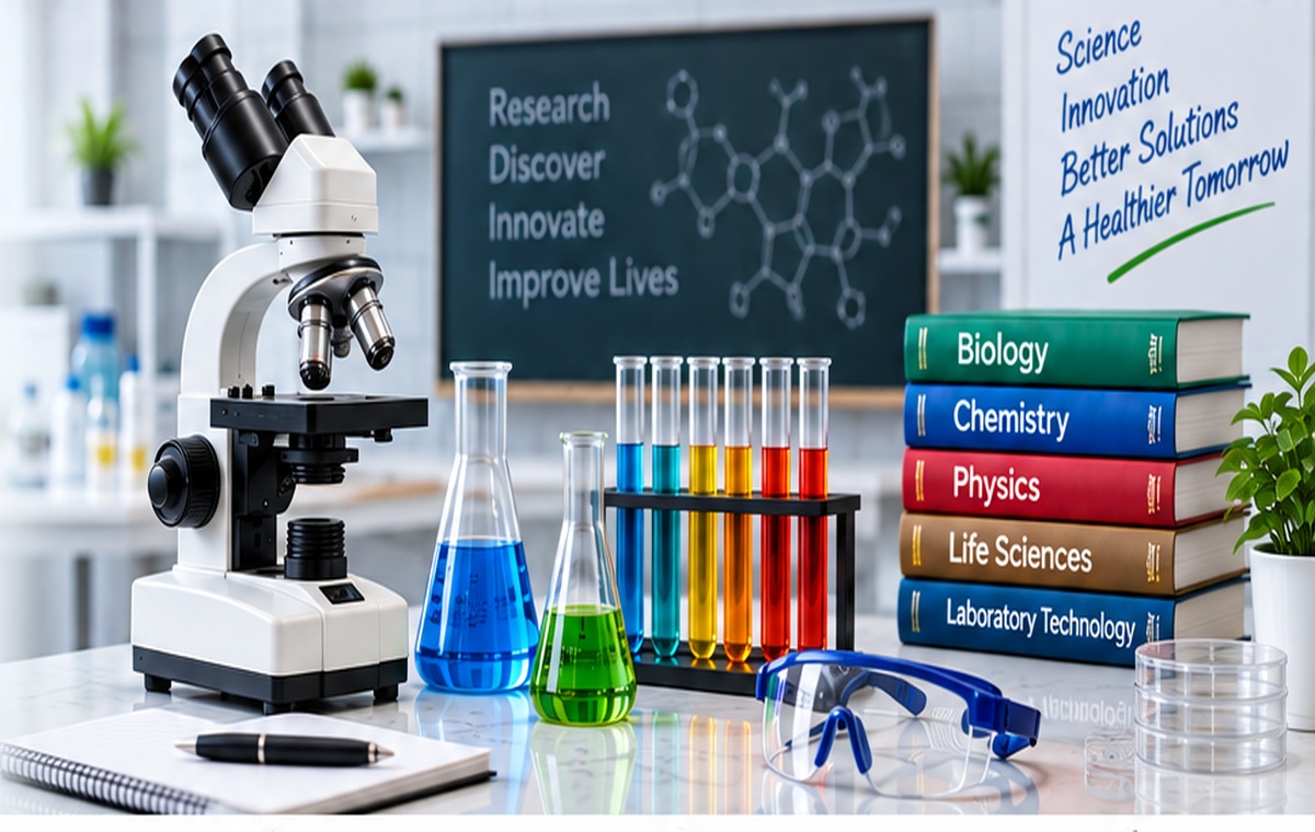 Microscope, colorful laboratory glassware, science books and safety equipment
